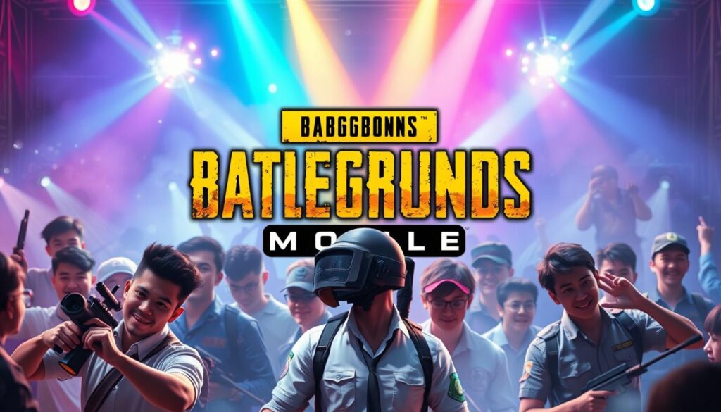 A bustling scene of the PUBG Mobile community, set against a backdrop of vibrant colors and dynamic energy. In the foreground, a group of players engaged in an intense tactical battle, their faces fixed with determination as they maneuver through the digital landscape. The middle ground features a crowd of spectators, their faces lit with excitement as they cheer on their favorite teams. In the background, the iconic PUBG Mobile logo shines brightly, serving as a symbol of the game's global popularity and the thriving competitive scene. The lighting is dramatic, with sharp contrasts and dynamic shadows, creating a sense of high-stakes action and cinematic flair. The overall atmosphere conveys the passion, camaraderie, and competitive spirit that define the PUBG Mobile community.