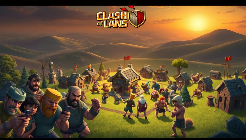 A bustling village from the popular mobile game Clash of Clans, with various structures and characters engaged in resolving technical issues. In the foreground, a group of players frantically tapping on their smartphones, their expressions conveying concern and determination. In the middle ground, a team of Barbarians, Wizards, and other unit types surrounding a malfunctioning Town Hall, attempting to diagnose and repair the problem. In the background, a vast landscape of rolling hills, with the iconic Clash of Clans logo hovering in the sky, illuminated by a warm, golden sunset. The scene is rendered in a vibrant, cartoon-like style, with detailed textures and lighting that capture the essence of the game's visual aesthetic.