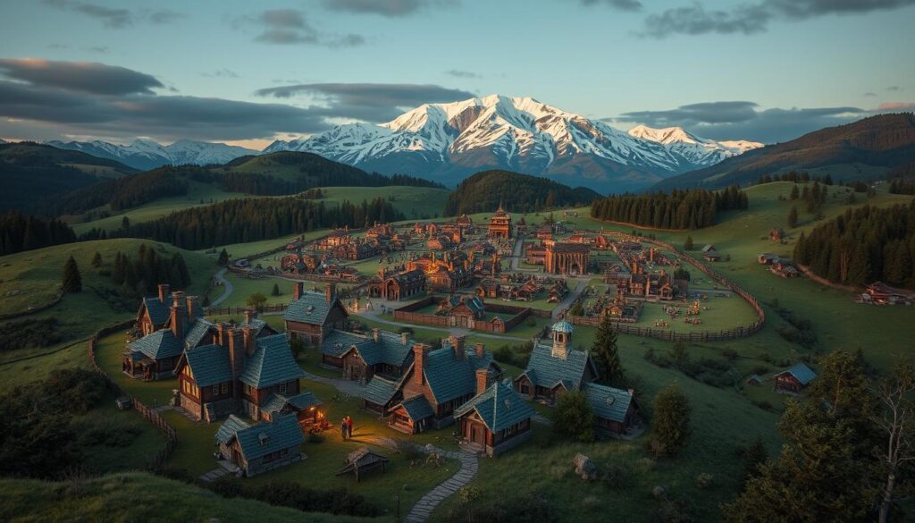 A cozy Clash of Clans village nestled in a lush, rolling countryside. In the foreground, a cluster of quaint, medieval-style buildings with thatched roofs and stone walls, bustling with the activity of villagers going about their daily lives. The middle ground features a sprawling array of resource buildings, farms, and defensive structures, all meticulously organized in a strategic layout. In the background, a majestic mountain range rises, its peaks dusted with snow and bathed in the warm glow of the setting sun. The scene is illuminated by a soft, ambient lighting, creating a sense of tranquility and charm. The overall atmosphere evokes the essence of the Clash of Clans strategy game, where players must carefully plan and build their village to defend against rivals and progress through the game.