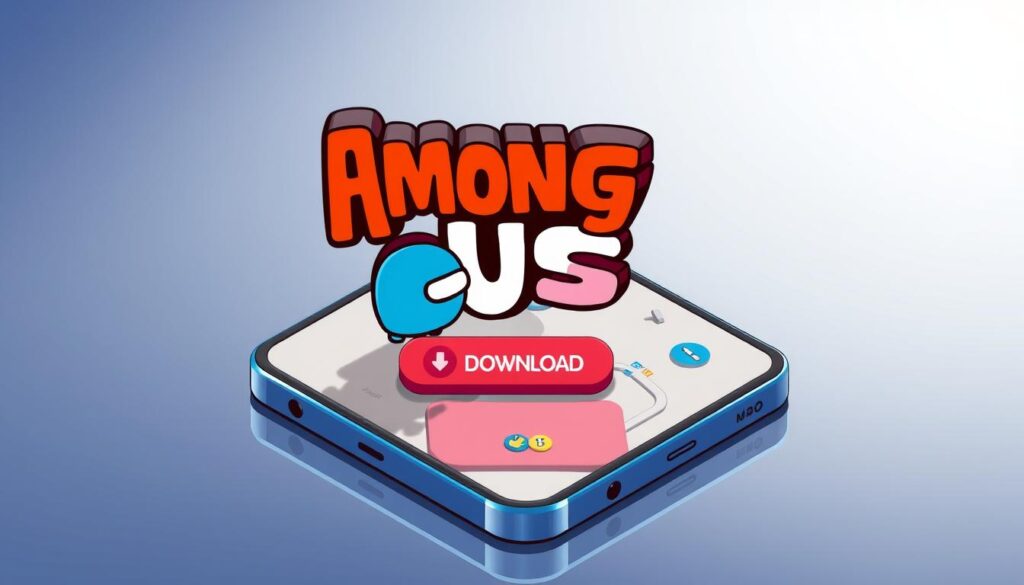 A detailed isometric illustration of the Among Us game logo and app interface, set against a background of a smartphone display with a prominent "APK Download" button. The logo should be rendered in a vibrant, cartoonish style, with the characteristic crewmate characters standing in front of it. The app interface should showcase the main gameplay elements, such as the map, player list, and task icons, presented in a clean, user-friendly layout. The smartphone display should have a realistic, reflective surface, creating a sense of depth and emphasis on the "APK Download" button. The overall scene should convey a sense of excitement and accessibility, inviting the viewer to download the game.