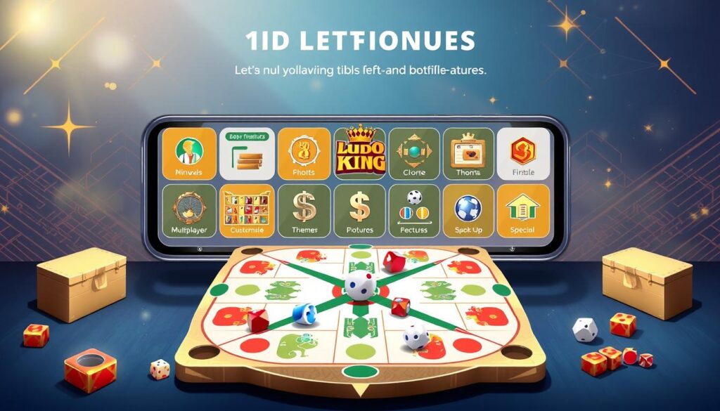 A detailed, realistic digital illustration of the key features of the Ludo King mobile app, rendered in a modern, sleek style. The foreground prominently showcases the central game board, with various game pieces and dice in motion, highlighting the core gameplay mechanics. The middle ground features a collage of supplementary features like multiplayer modes, customizable themes, and special power-ups, all depicted through intuitive iconography. The background subtly blends design elements inspired by the app's branding, such as geometric patterns and a subtle color palette of blues and golds, conveying a sense of high-quality, professional-grade software. The overall composition strikes a balance between form and function, enticing the viewer to explore the app's robust capabilities.