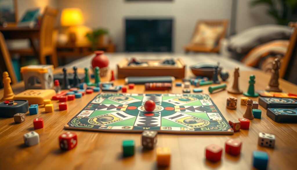 A detailed tabletop setup showcasing the popular mobile game Ludo King. In the foreground, the classic Ludo board is prominently displayed, its vibrant colors and intricate design inviting the viewer to play. Surrounding the board are various game pieces, dice, and other accessories, all meticulously arranged to create a visually appealing and strategically compelling scene. The middle ground features a softly lit wooden surface, adding a warm and tactile feel to the composition. In the background, a blurred, out-of-focus setting suggests a cozy, domestic environment, further enhancing the inviting and immersive atmosphere. The overall lighting is carefully balanced, creating a sense of depth and drawing the viewer's attention to the key elements of the Ludo King gameplay and strategies.