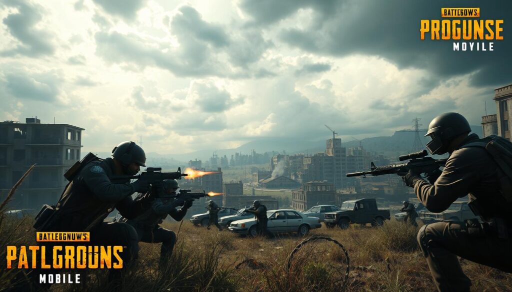 A high-intensity battle royale scene of PUBG Mobile gameplay. In the foreground, a squad of heavily armed players crouching behind cover, their faces intense with concentration as they exchange fire with an unseen enemy. In the middle ground, a sprawling urban landscape with damaged buildings and abandoned vehicles, creating a sense of chaos and destruction. The sky above is filled with dramatic storm clouds, casting an ominous glow over the entire scene. The lighting is cinematic, with sharp shadows and highlights accentuating the action. The camera angle is low and dynamic, placing the viewer in the thick of the battle. The overall mood is one of tense, high-stakes combat in a gritty, post-apocalyptic setting.