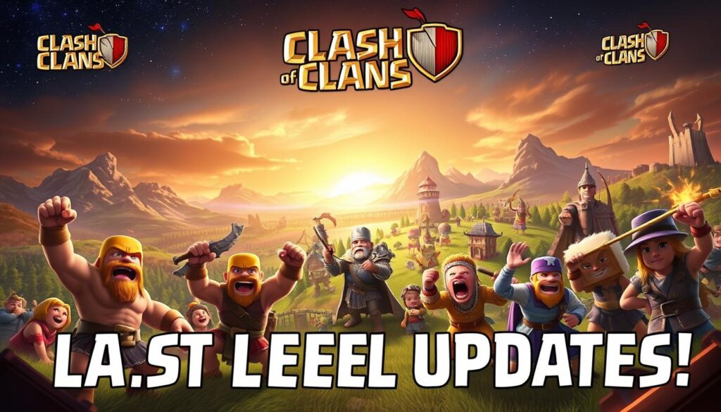 A high-resolution, detailed, and vibrant digital painting depicting the latest updates to the popular mobile game Clash of Clans. In the foreground, show several iconic Clash of Clans characters such as the Barbarian, Archer, and Wizard, eagerly showcasing new features and content. In the middle ground, depict various in-game structures and buildings undergoing expansions and upgrades, with a sense of dynamism and progress. In the background, include a sweeping landscape of the Clash of Clans world, with mountains, forests, and a starry night sky, creating a sense of scale and adventure. Utilize a warm, saturated color palette, dramatic lighting, and a sense of motion to convey the excitement and energy of the latest Clash of Clans updates.