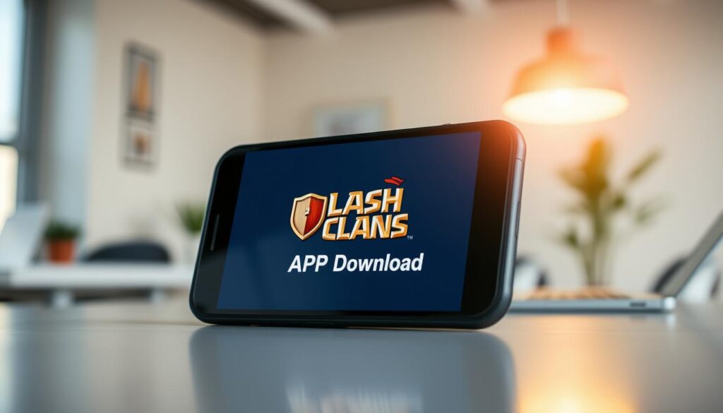 A high-resolution, detailed image of a smartphone screen displaying the Clash of Clans app icon and "Clash of Clans APK Download" text. The screen is positioned in the foreground, with a soft, out-of-focus background that suggests a modern, minimalist office or workspace setting. Bright, natural lighting from the side creates a warm, inviting atmosphere and casts subtle shadows on the screen. The composition is balanced, with the smartphone taking up a substantial portion of the frame, emphasizing the app download as the focal point. The overall visual style is clean, polished, and optimized for a tech-savvy audience.