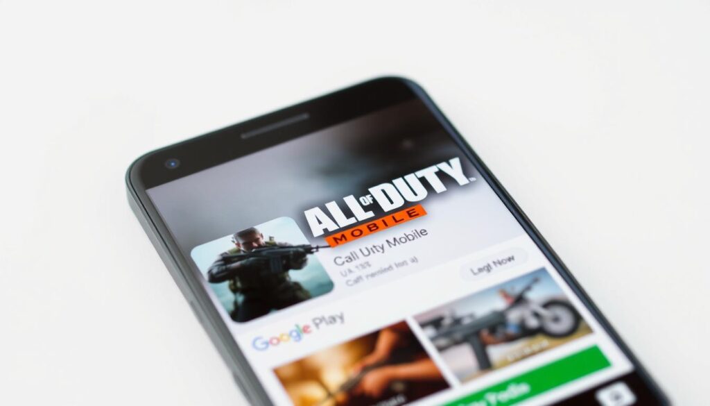 A high-resolution, detailed image of the Google Play Store interface, prominently displaying the "Call of Duty: Mobile" app icon and listing. The background is a clean, white backdrop, accentuating the sleek design of the Play Store. The app icon is rendered in vivid, high-definition graphics, showcasing the iconic "COD" branding and visual elements. The listing features a bold, eye-catching title, clear app description, and relevant screenshots or gameplay footage, all presented in a professional, well-organized manner. The entire scene is bathed in soft, natural lighting, creating a sense of clarity and focus on the central subject. The camera angle is slightly elevated, providing a clear, unobstructed view of the Play Store interface and the "COD Mobile" app listing.