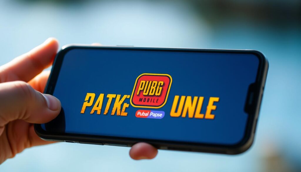 A high-resolution, photorealistic image of the PUBG Mobile game logo and app icon displayed on a mobile device's screen. The device is held in the foreground, angled slightly to the left, with the screen in sharp focus. The background is blurred, with a subtle gradient of blues and greens, suggesting an outdoor or nature-inspired setting. The lighting is soft and natural, creating a warm, inviting atmosphere. The app icon is prominently featured, capturing the essence of the PUBG Mobile brand. The overall composition and attention to detail convey the ease and accessibility of downloading the PUBG Mobile game.