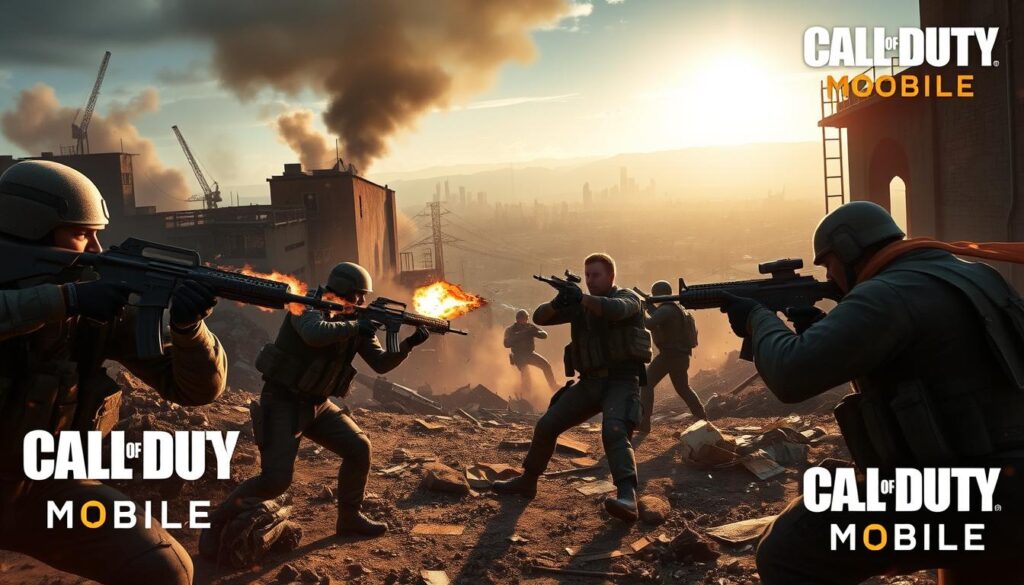 A highly detailed, cinematic scene of intense Call of Duty Mobile gameplay. In the foreground, a squad of soldiers wielding various firearms engage in a fierce firefight, their expressions focused and determined. The middle ground features a rugged, urban battlefield setting with destroyed buildings, billowing smoke, and the debris of war. In the background, a vast, sunlit skyline with distant skyscrapers and a hazy horizon. Dynamic, dramatic lighting casts dramatic shadows and highlights the action, creating a sense of high-stakes combat. The overall atmosphere is one of gritty realism, adrenaline-fueled combat, and the thrill of mobile gaming.