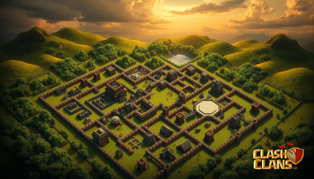 A highly detailed, intricate layout of a Clash of Clans base, showcasing an advanced defensive strategy. The foreground features a meticulous arrangement of various buildings, walls, and defenses, strategically positioned to create a formidable fortification. The middle ground depicts lush greenery, with rolling hills and a serene pond, providing a natural backdrop to the imposing structures. In the background, a dramatic sky with warm, golden hues casts a strategic, tactical atmosphere, as if the base is about to be attacked. The lighting is soft and directional, highlighting the intricate details of the base's design, which would be used to fend off powerful enemies in the game. The overall composition conveys a sense of careful planning, military precision, and the thrill of strategic gameplay.