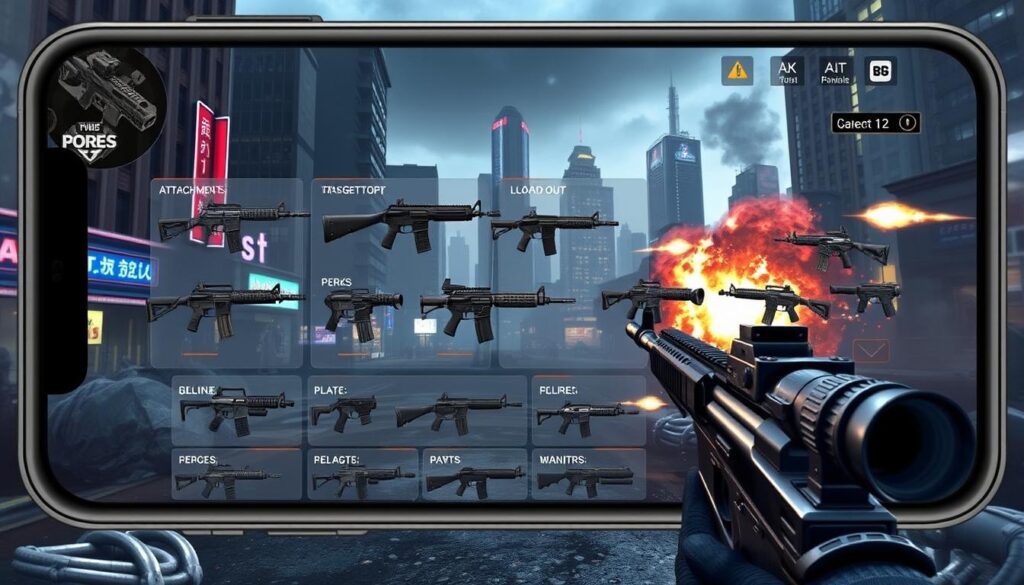 A mobile game screen displaying a first-person shooter set in a gritty, urban environment. The foreground features a player character wielding a variety of customizable weapons, including assault rifles, submachine guns, and handguns. The middle ground showcases a selection of weapon attachments, perks, and loadout options against a backdrop of a cityscape with tall buildings, neon lights, and atmospheric weather effects. The background emphasizes the game's high-octane action, with explosive muzzle flashes, smoke, and debris creating a sense of intense combat. The overall scene conveys the thrill and customization of a AAA-quality mobile FPS experience.