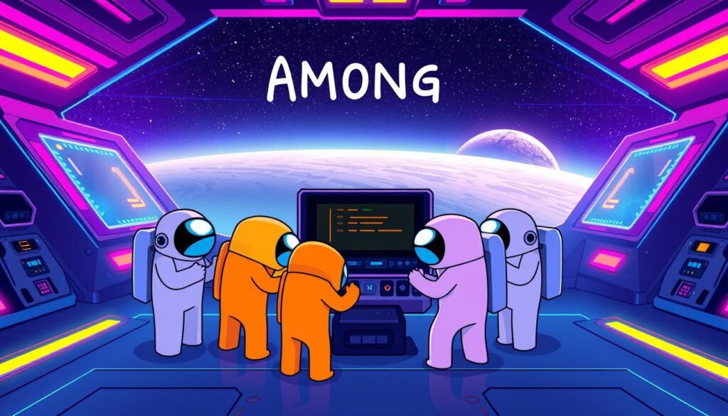 A stylized digital illustration of the popular multiplayer game "Among Us". The foreground depicts a group of brightly colored cartoon astronaut characters, each with distinct features and personalities, gathered around a central console or computer terminal. The astronauts are gesturing and interacting, suggesting they are troubleshooting or resolving an issue with the game. The middle ground showcases a futuristic, space-themed environment with sleek, angular architecture, glowing panels, and holographic displays. The background features a vast, star-filled cosmos, with a distant planetary body or space station visible in the distance, all rendered in a vibrant, neon-infused color palette. The overall scene conveys a sense of camaraderie, problem-solving, and the whimsical, sci-fi aesthetic of the "Among Us" universe.
