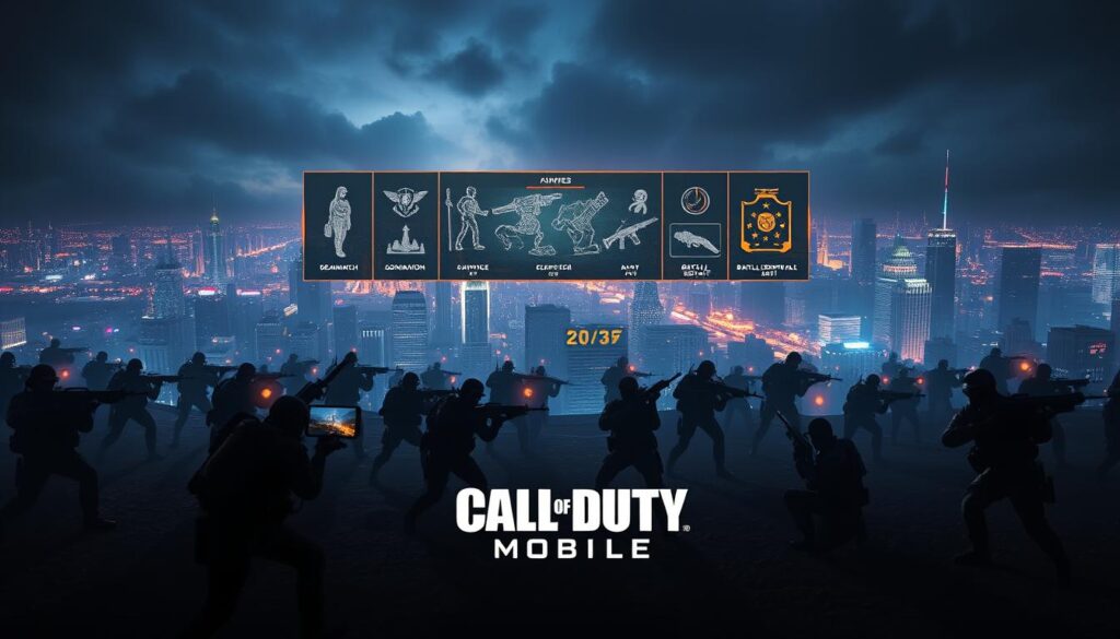 A vast, expansive battlefield illuminated by the glow of smartphones and tablets, showcasing the diverse game modes of Call of Duty Mobile. In the foreground, a squad of heavily armed soldiers engaged in intense, close-quarters combat, their weapons and gear casting long shadows on the ground. In the middle ground, a wide array of tactical icons and UI elements hover above the action, representing the various game modes available, such as Team Deathmatch, Domination, and Battle Royale. The background is a stunning, photorealistic city skyline, its skyscrapers and neon lights casting a moody, atmospheric glow over the entire scene. The lighting is dramatic, with sharp contrasts and deep shadows, emphasizing the tension and excitement of the mobile gaming experience.