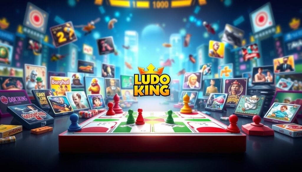 A vibrant and dynamic scene depicting the battle between Ludo King and its rival board game apps on the Android platform. In the foreground, the iconic Ludo King game board takes center stage, its colorful pieces and gameplay elements shining under the bright, directional lighting. Surrounding it, various other board game apps are represented by their distinct visual styles and branding, each vying for the attention of mobile gaming enthusiasts. The middle ground showcases the diverse selection of board game options available, with each app uniquely characterized by its artwork, user interface, and gameplay mechanics. In the background, a blurred cityscape or tech-inspired environment provides a fitting setting for this digital clash of board game titans, highlighting the competitive nature of the mobile gaming landscape. The overall composition conveys a sense of excitement, strategic competition, and the vibrant world of Android board game apps, with Ludo King standing out as a dominant and beloved player