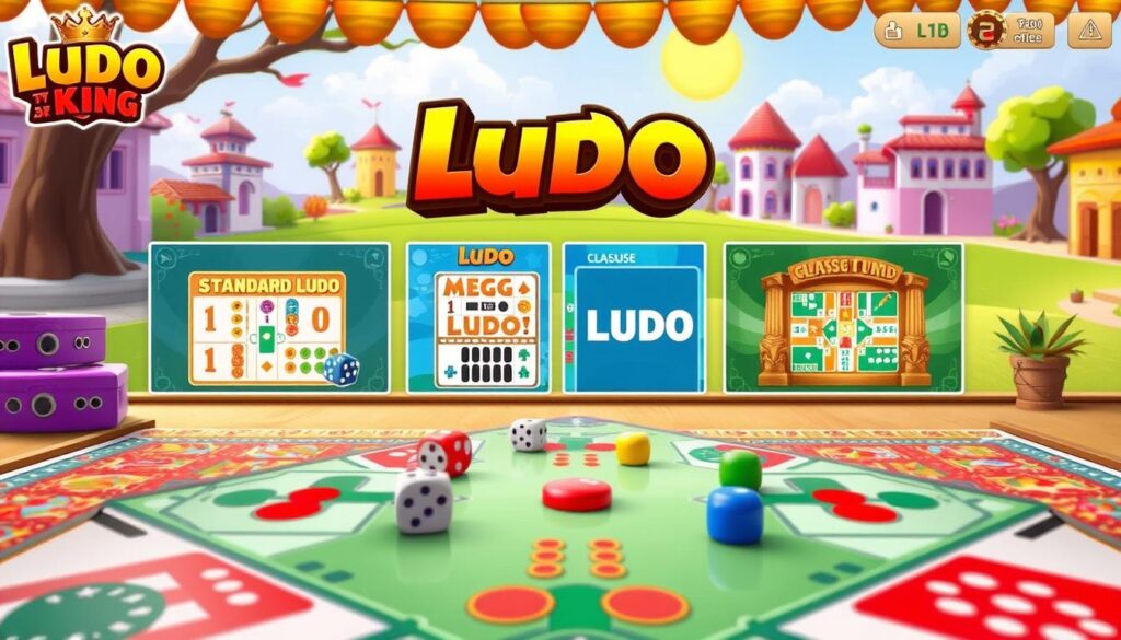 A vibrant, detailed scene showcasing the various game modes of Ludo King. In the foreground, the classic Ludo board game is prominently displayed, its colorful pieces and dice inviting players to join the competition. In the middle ground, four distinct game modes are depicted, each with its own unique visual style and gameplay elements - Standard Ludo, Mega Ludo, Classic Ludo, and Multiplayer Ludo. The background features a whimsical, cartoon-like environment, with stylized buildings, trees, and a clear, sunny sky, creating a playful and engaging atmosphere. The lighting is soft and natural, accentuating the vibrant colors and details of the scene. The camera angle is slightly elevated, providing a comprehensive view of the Ludo King game modes and their distinctive features.