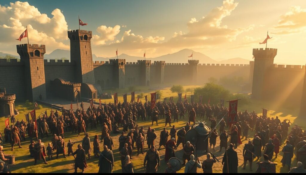 A vibrant, expansive clan landscape with a central gathering area. Towering stone walls and watchtowers in the background, casting long shadows. In the foreground, a bustling hub of activity - clan members training, strategizing, and socializing. Warm, golden lighting illuminates the scene, creating a sense of camaraderie and unity. Detailed character models depict a diverse range of clan roles, from fierce warriors to skilled builders, all working in harmony. The composition emphasizes the interconnectedness and collaborative nature of clan life, inviting the viewer to imagine the rich social experience of joining this dynamic community.