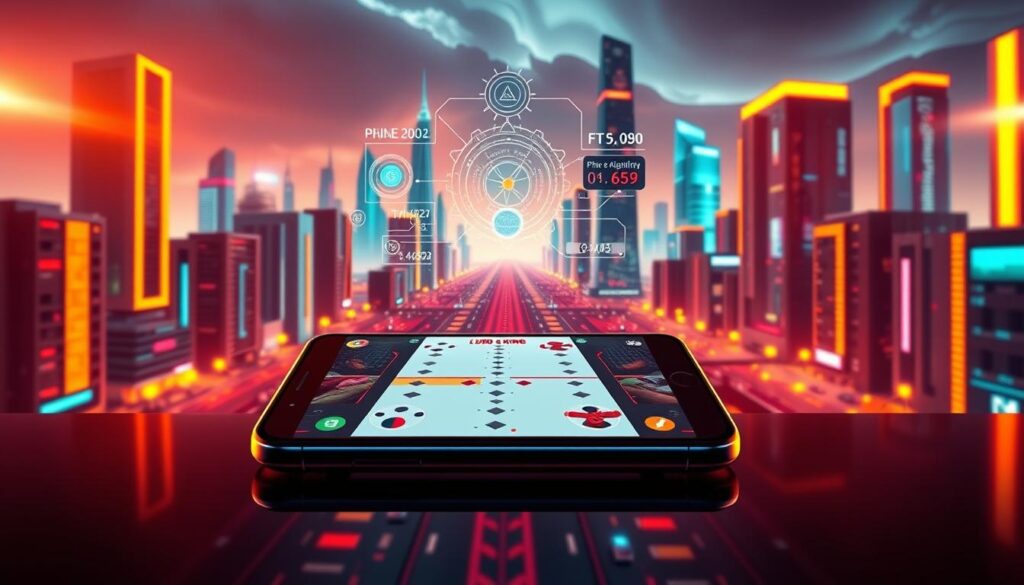 A vibrant, highly detailed image of Ludo King's performance optimization showcasing its technical capabilities. In the foreground, a sleek, modern smartphone displays the Ludo King app running smoothly, its graphics and animations crisp and responsive. The middle ground features a complex network of data visualizations and processing graphs, illustrating the app's efficient resource management and optimization algorithms. In the background, a futuristic cityscape with towering skyscrapers and glowing, neon-lit streets sets the scene, conveying a sense of technological advancement and progress. The lighting is dramatic, with warm, vibrant tones and subtle lens flares, creating a visually striking and immersive atmosphere. The overall composition emphasizes the app's technical prowess and its ability to deliver a seamless, high-performance gaming experience.