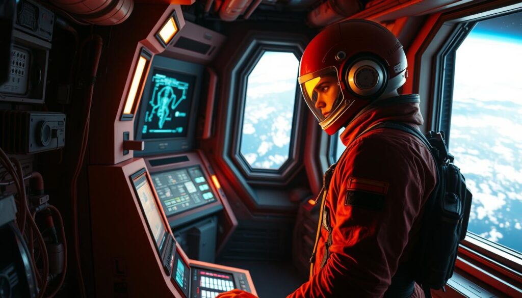 A vibrant, photorealistic scene of an Among Us crewmate navigating a spaceship interior, immersed in their essential tasks. The crewmate, in their distinctive red spacesuit, stands at a control panel, examining a holographic display with focused intensity. The foreground is bathed in the warm glow of task-oriented lighting, while the middle ground reveals the intricate details of the ship's infrastructure - wires, pipes, and panels. In the background, the vast expanse of space is visible through a large viewport, creating a sense of isolation and the high-stakes nature of the crewmate's duties. The composition emphasizes the crewmate's sense of purpose and the critical importance of their role in the overall survival of the crew.