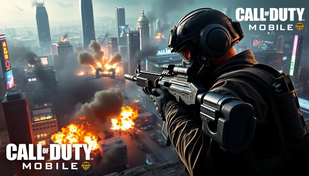 A visually stunning and immersive mobile gaming experience, showcasing the exceptional graphics of Call of Duty Mobile. In the foreground, a soldier in full tactical gear wields a high-tech assault rifle, the details of their equipment and uniform crisp and lifelike. The middle ground features a dynamic battle scene, with explosions, smoke, and other intense visual effects creating a palpable sense of action and chaos. In the background, a sprawling urban environment unfolds, complete with towering skyscrapers, neon-lit streets, and a moody, cinematic lighting that casts dramatic shadows and highlights. The overall mood is one of gritty realism, intense combat, and the raw power of mobile gaming technology.