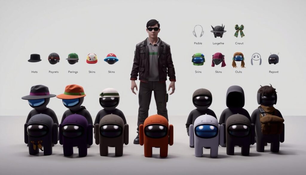 A well-lit, detailed scene depicting the customization options available in the game Among Us. In the foreground, an array of character customization items such as hats, visors, skins, and accessories are prominently displayed on a clean, neutral background. In the middle ground, the player character model is shown wearing a selection of these customization pieces, showcasing how they can be combined. The background subtly hints at the game's distinctive art style, with soft, muted colors and simple geometric shapes. The overall composition emphasizes the depth and variety of personalization options available to players, inviting them to explore and express their individuality within the Among Us universe.