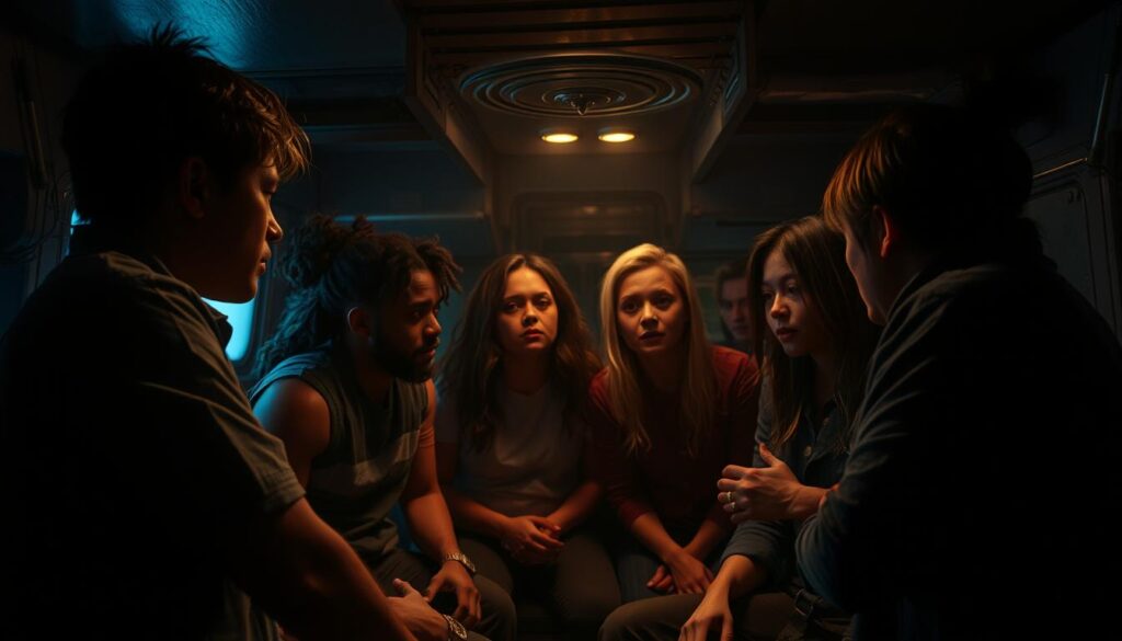 Among Us crewmates in an intense social dynamic, illuminated by atmospheric overhead lighting. Diverse characters engaged in heated discussion, suspicion and trust intertwined. Layered visual planes depict foreground interactions, middleground uncertainty, and a moody, shadowy background. Sense of claustrophobic tension, high-contrast lighting, and an unsettling, unresolved atmosphere. Cinematic camera angle emphasizes the social drama unfolding, with a palpable sense of the social dynamics at play in the renowned multiplayer game.
