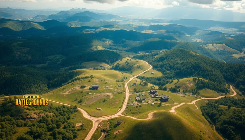 An aerial view of the lush, diverse landscapes of the iconic PUBG Mobile maps. A sprawling, photorealistic terrain featuring rolling hills, dense forests, vast grasslands, and towering mountains in the distance. Rugged dirt roads wind through the environment, leading to small settlements and military outposts. The lighting is natural and dynamic, casting long shadows and warm hues across the scene. The overall mood is one of exploration and strategic immersion, capturing the essence of the thrilling battle royale gameplay. The level of detail and realism should be sufficient to showcase the rich and varied environments that players navigate in PUBG Mobile.
