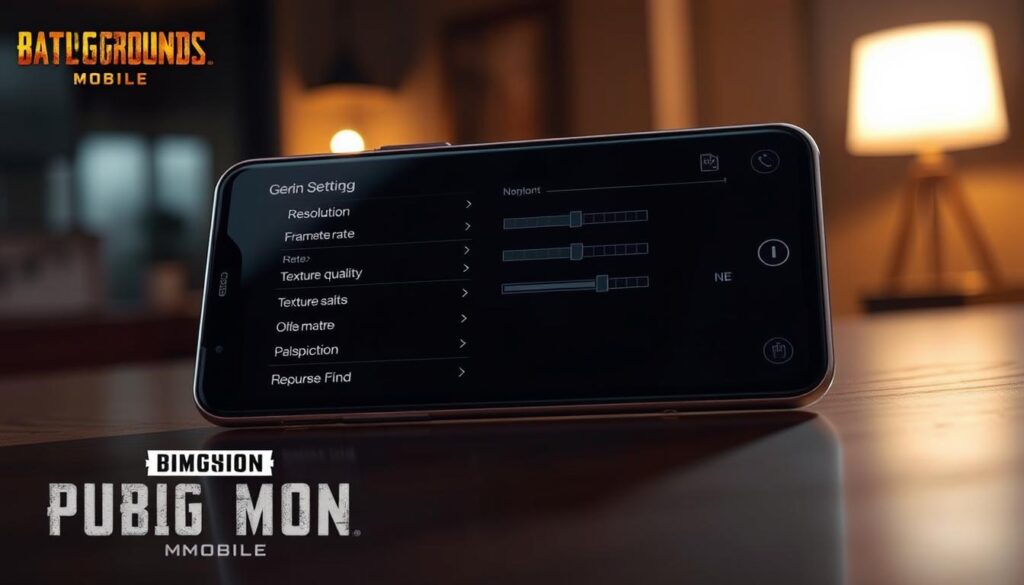 Detailed, photorealistic image of the PUBG Mobile graphics settings menu on a high-resolution smartphone screen. The foreground shows the menu with various graphical options like resolution, frame rate, texture quality, and effects, all rendered with a crisp, clean UI design. The middle ground depicts the phone itself with a metal unibody construction and minimalist design, casting subtle shadows. The background is a dimly lit room with warm ambient lighting, creating a sense of depth and focus on the screen. The overall mood is sleek, tech-savvy, and polished, reflecting the high-quality gaming experience of PUBG Mobile.